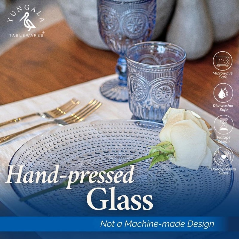 Yungala Blue Glass Plates set of 4 hobnail design textured plates with dot pattern blue glassware, pair with matching wine glasses and drinking glasses. - Image 5
