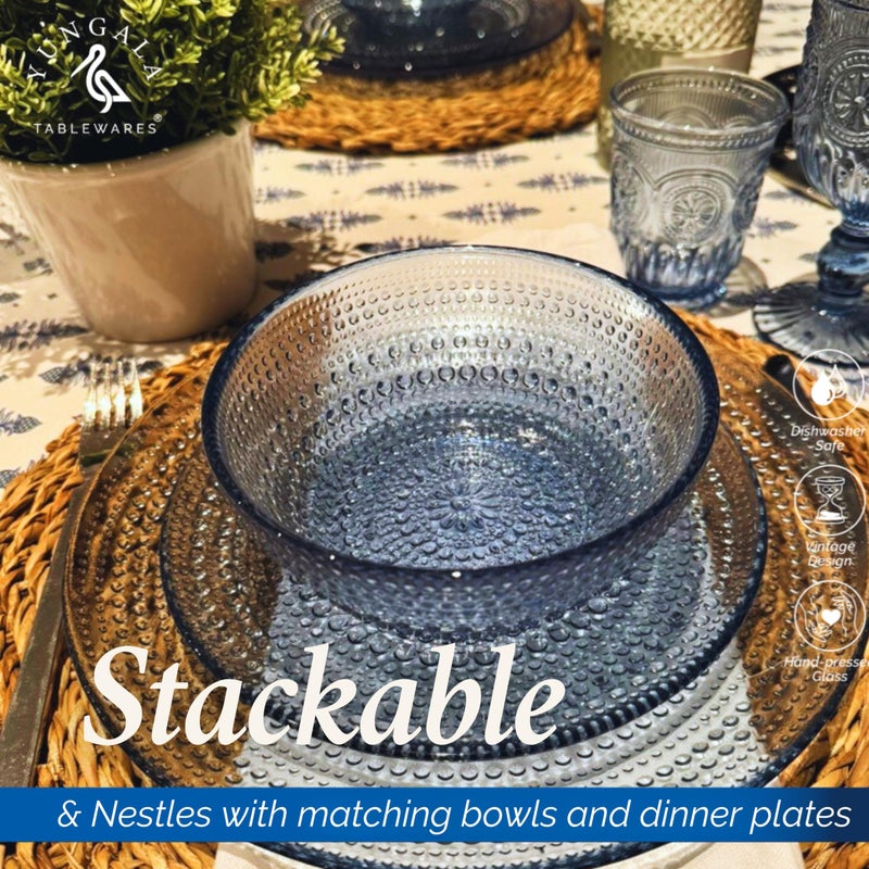 Yungala Blue Glass Plates set of 4 hobnail design textured plates with dot pattern blue glassware, pair with matching wine glasses and drinking glasses. - Image 3