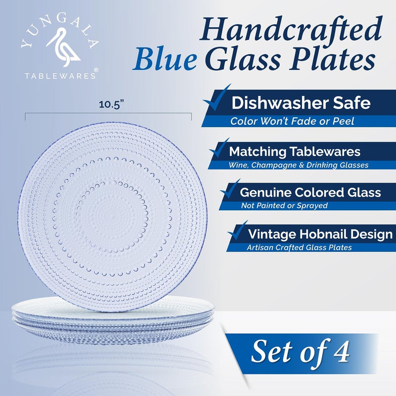 Yungala Blue Glass Plates set of 4 hobnail design textured plates with dot pattern blue glassware, pair with matching wine glasses and drinking glasses. - Image 2