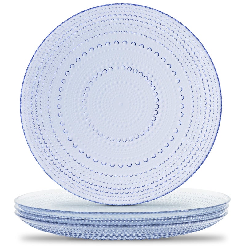 Yungala Blue Glass Plates set of 4 hobnail design textured plates with dot pattern blue glassware, pair with matching wine glasses and drinking glasses. - Image 1