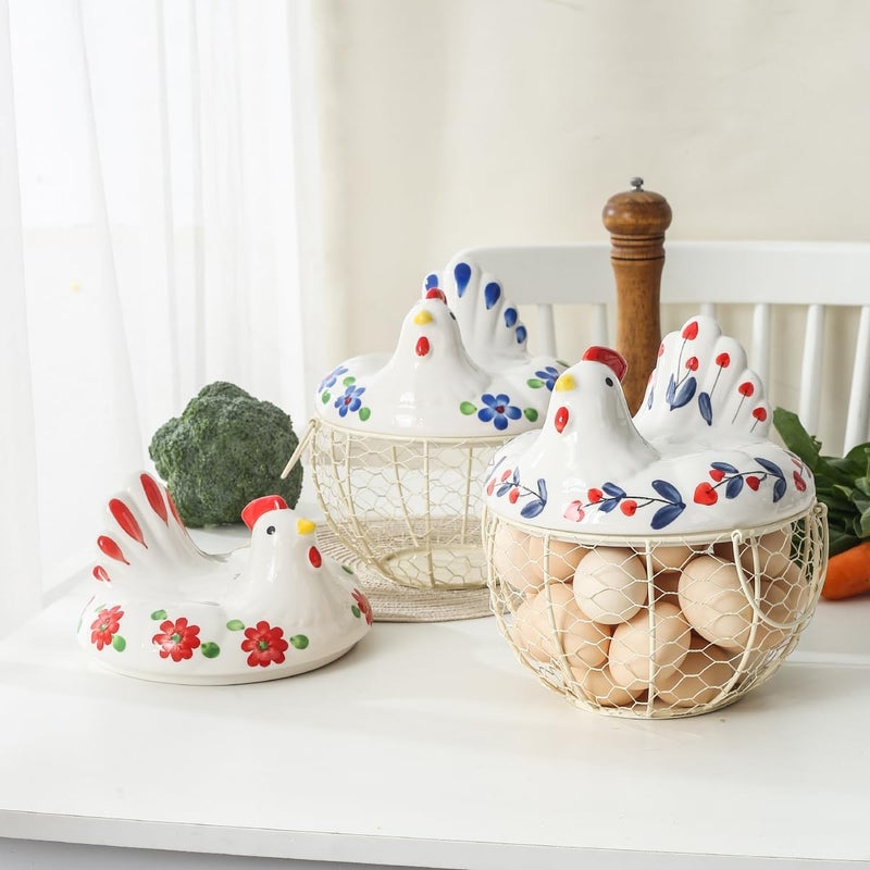 oskas Chicken Egg Holder, Fresh Egg Storage Basket Countertop,Decorative Ceramic Lid with Wire Basket,Holds 2 Dozen Egg, White3 - Image 5