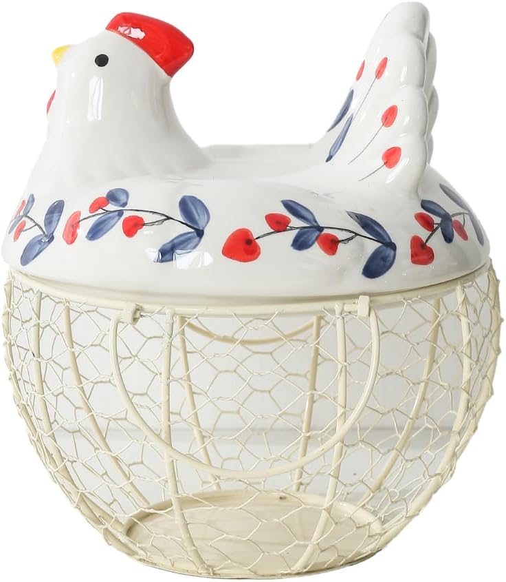 oskas Chicken Egg Holder, Fresh Egg Storage Basket Countertop,Decorative Ceramic Lid with Wire Basket,Holds 2 Dozen Egg, White3 - Image 1