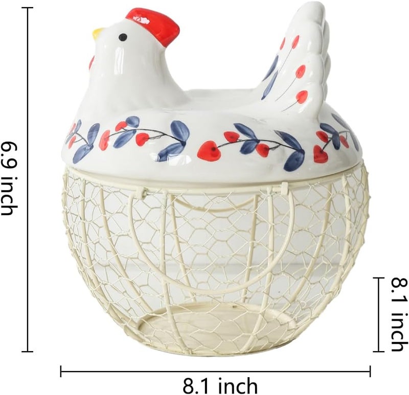 oskas Chicken Egg Holder, Fresh Egg Storage Basket Countertop,Decorative Ceramic Lid with Wire Basket,Holds 2 Dozen Egg, White3 - Image 4