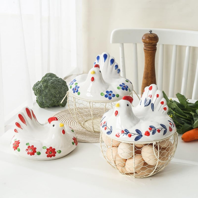 oskas Chicken Egg Holder, Fresh Egg Storage Basket Countertop,Decorative Ceramic Lid with Wire Basket,Holds 2 Dozen Egg, White3 - Image 3