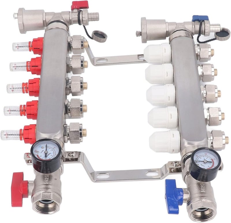 klarako 5Stainless Steel Manifold Set, G1in Individual Control Stainless Steel Floor Heating Manifold, Easy Installation Radiant Heat Manifold for Hydronic Radiant Floor Heating - Image 1