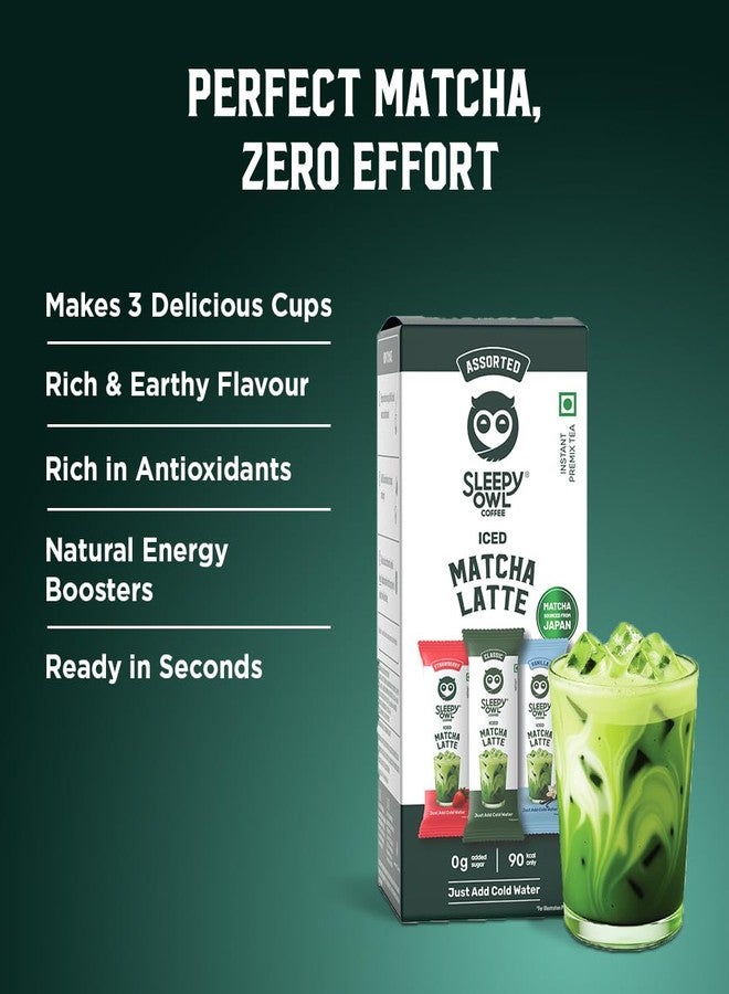 Sleepy Owl Assorted Iced Matcha Latte Premix Powder, Variety Pack (3 Flavours), Premium Japanese Matcha Green Tea Powder, Easy to Make, Calm Energy & Focus, Natural Antioxidants, 3 Sachets - Image 2