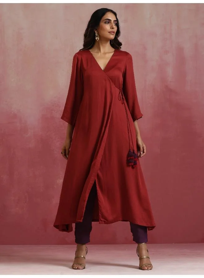 trueBrowns Maroon Modal Angrakha Kurta Set