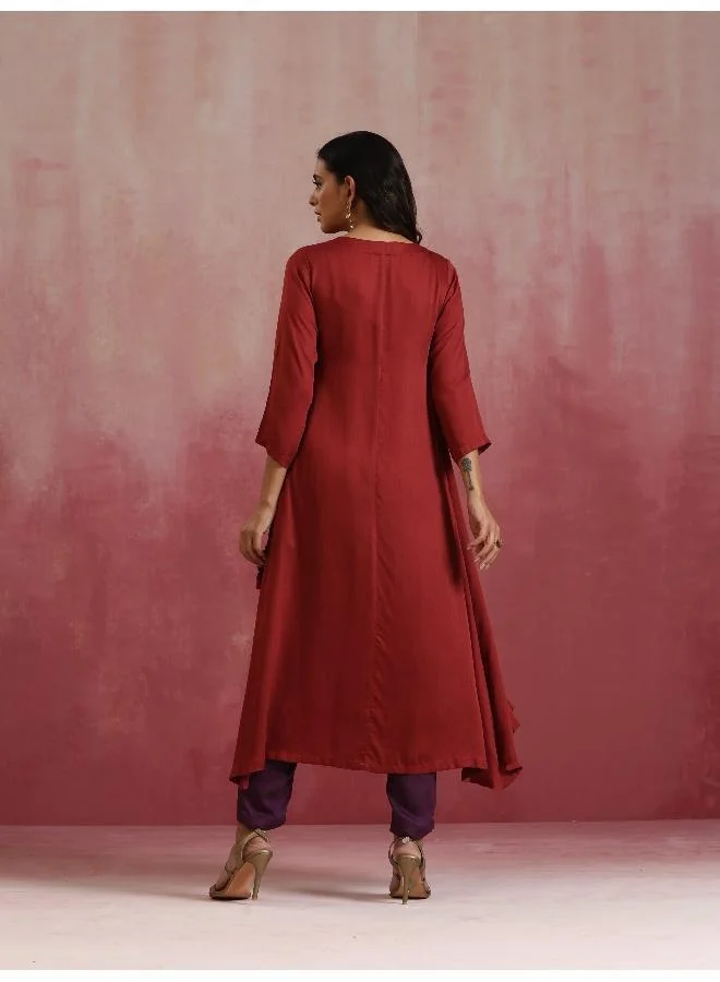 trueBrowns Maroon Modal Angrakha Kurta Set