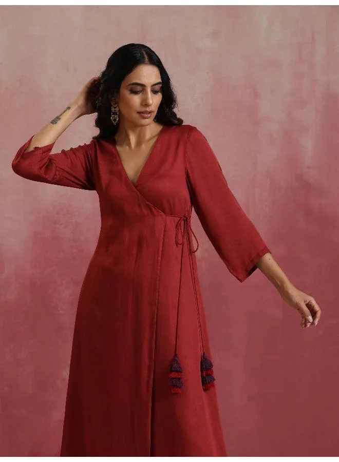 trueBrowns Maroon Modal Angrakha Kurta Set