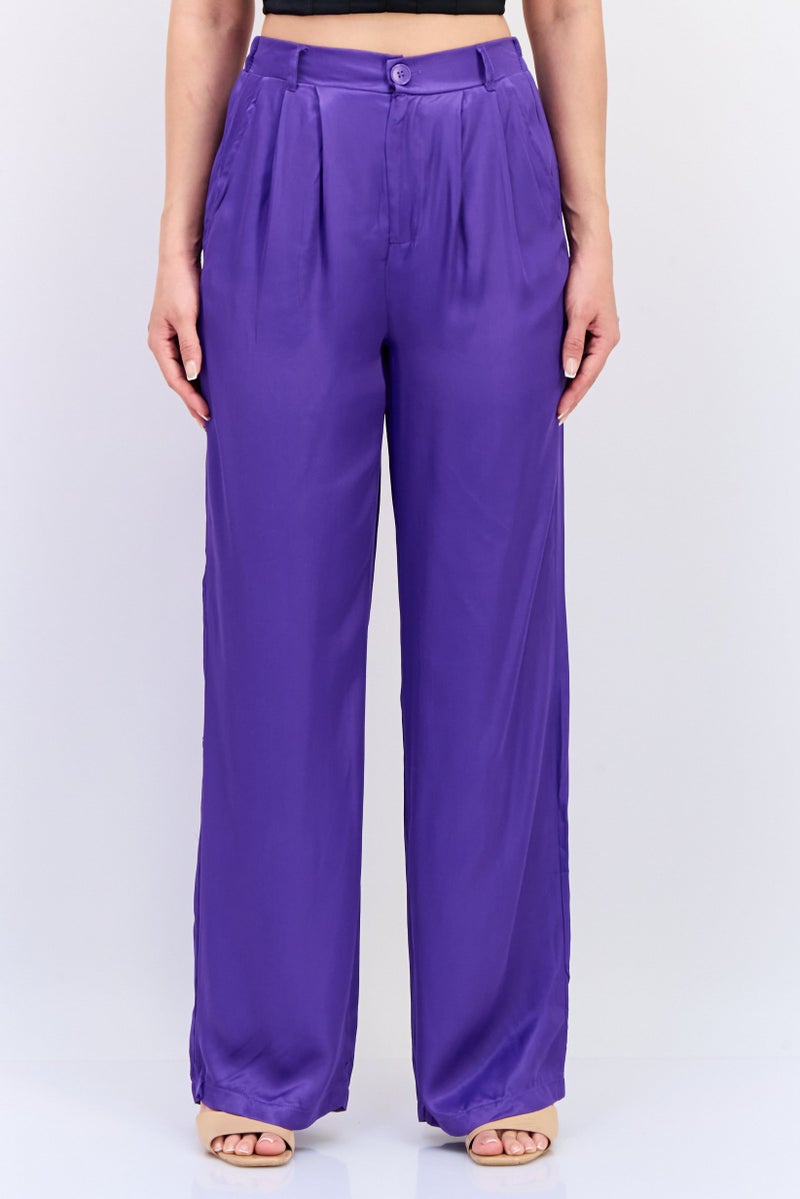 DeFacto Women Regular Fit Solid Wide Leg Pants, Purple - Image 1