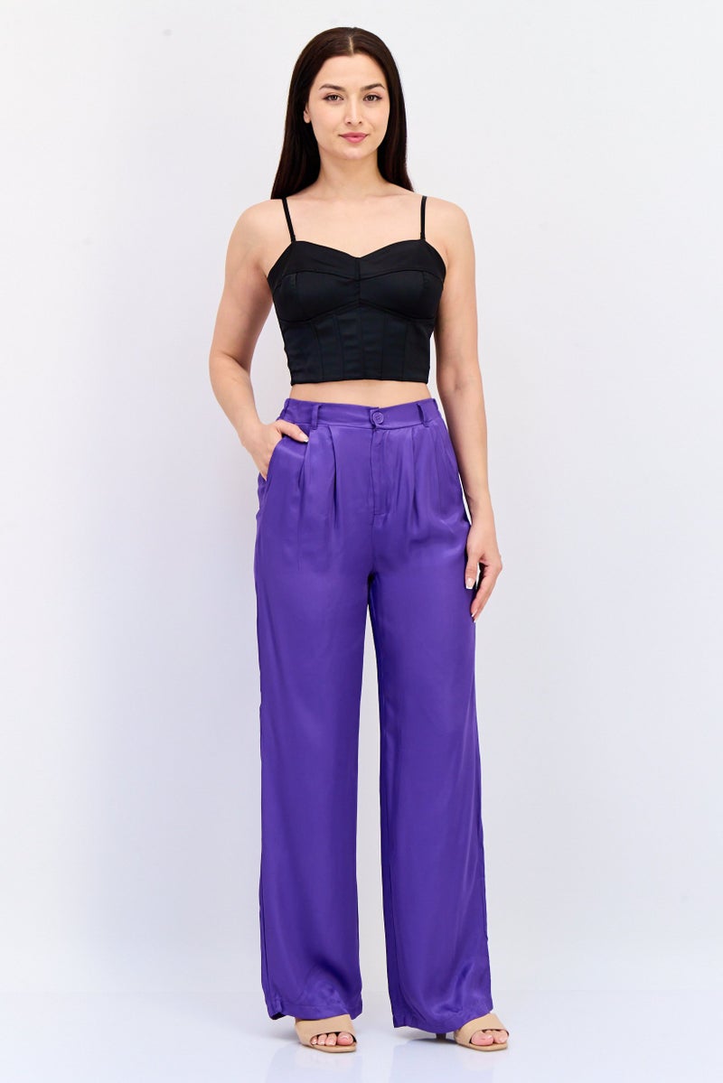 DeFacto Women Regular Fit Solid Wide Leg Pants, Purple - Image 4