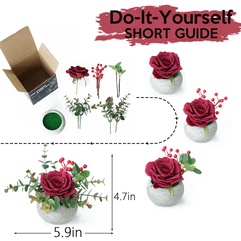 Mizii Diy Small Artificial Flowers Potted Kit Fake Flower Realistic Silk Rose And Greenery With Vase For Gifts Table Centerpiece Mantle Office Desk Shelves Living Room Decorations (Burgundy) - Image 3