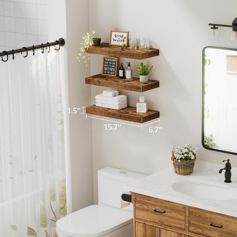 QEEIG Floating Shelves for Wall Bathroom Shelf Bedroom Kitchen Farmhouse Small Book Shelf 16 inch Set of 3, Rustic Brown (015-BN3) - Image 3