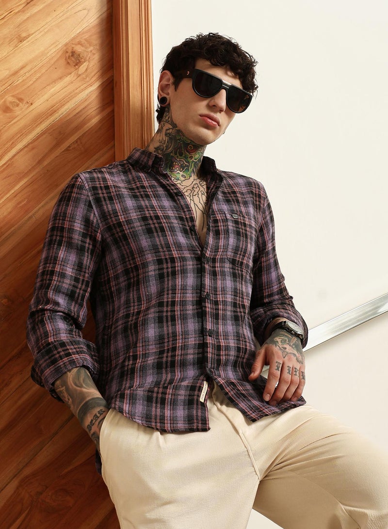 Campus Sutra Men's Purple Check Full Sleeve Shirt  - Image 1