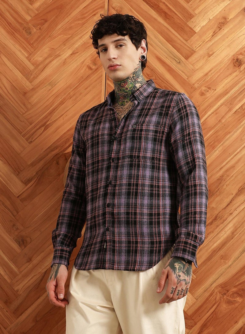 Campus Sutra Men's Purple Check Full Sleeve Shirt  - Image 3