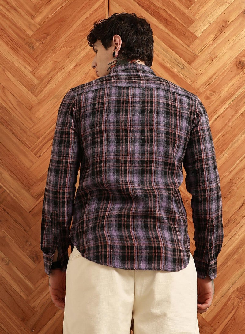 Campus Sutra Men's Purple Check Full Sleeve Shirt  - Image 5