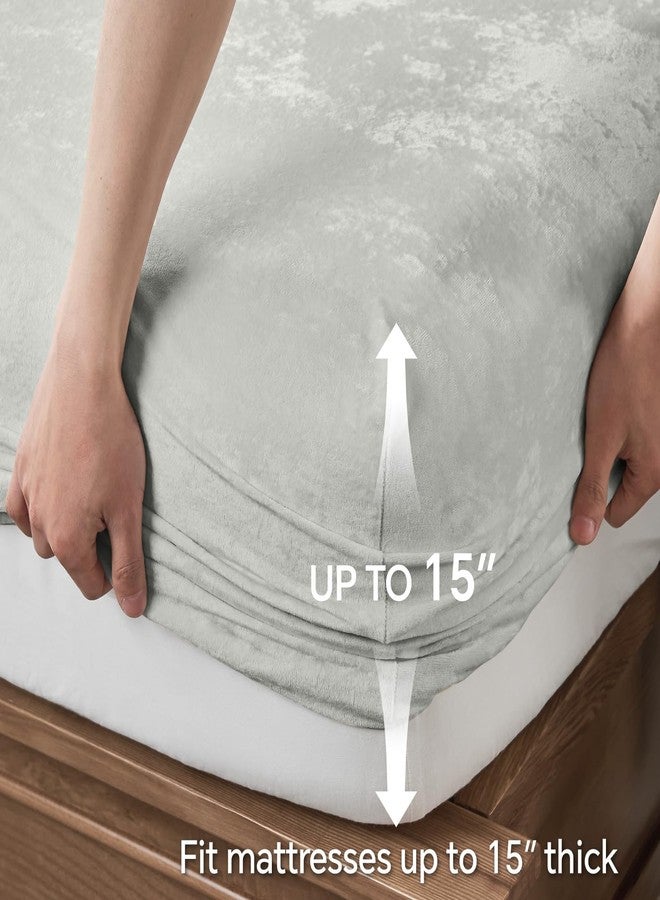 BEDELITE Velvet Fitted Sheet and Pillowcases Set, Luxury Soft Fuzzy Bottom Sheet with Reinforced Elastic Corner Straps, Deep Pocket up to 15 Inch, 1 Fitted Sheet and 2 Pillowcases (Queen, Light Grey) - Image 5