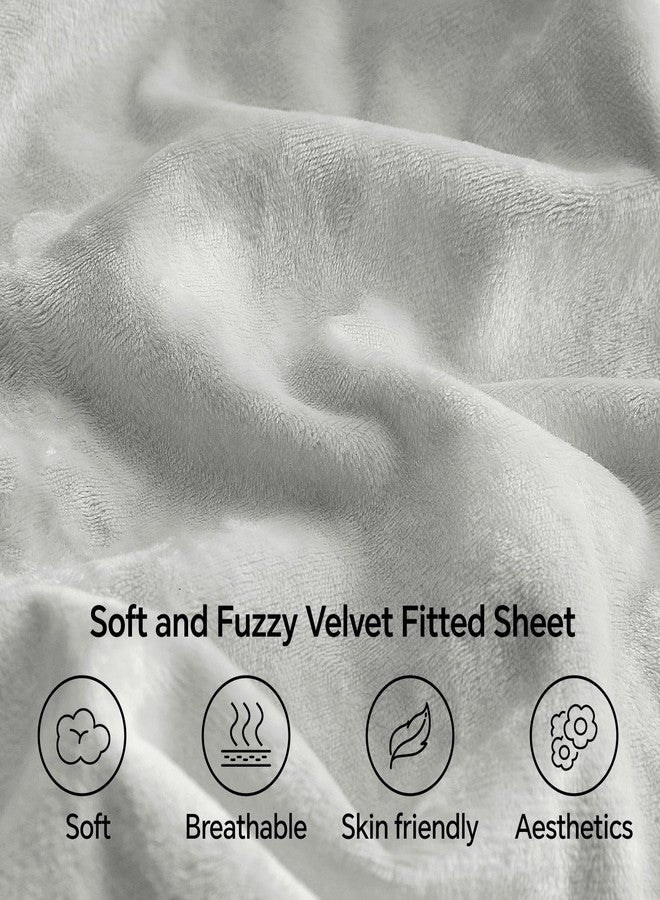 BEDELITE Velvet Fitted Sheet and Pillowcases Set, Luxury Soft Fuzzy Bottom Sheet with Reinforced Elastic Corner Straps, Deep Pocket up to 15 Inch, 1 Fitted Sheet and 2 Pillowcases (Queen, Light Grey) - Image 3