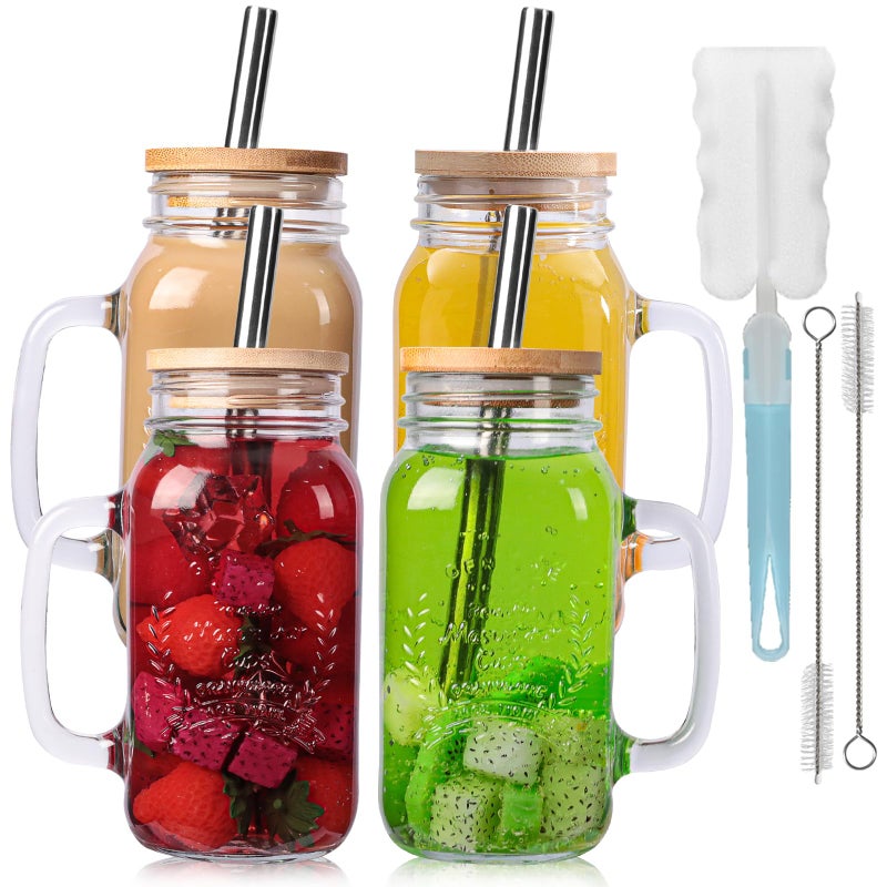Yirilan 4 Pack 24Oz Mason jar cups with lids and straws, Mason Jars with Handle, Mason Jar Drinking Glasses with Lid and Straw, Mason Jar Mugs - Image 1