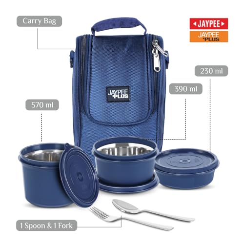 Jaypee Plus Homely 1190 ml Stainless Steel Office Lunch Box | BPA Free, Microwave Safe & Spillproof Airtight 3 Containers | Includes Spoon, Fork & Insulated Bag | Ideal for College & School (Blue) - Image 4