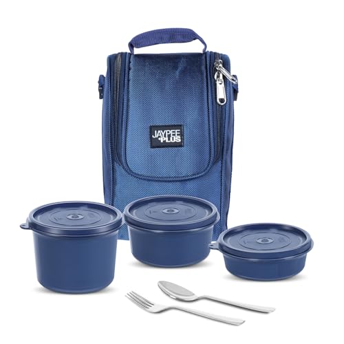 Jaypee Plus Homely 1190 ml Stainless Steel Office Lunch Box | BPA Free, Microwave Safe & Spillproof Airtight 3 Containers | Includes Spoon, Fork & Insulated Bag | Ideal for College & School (Blue) - Image 1