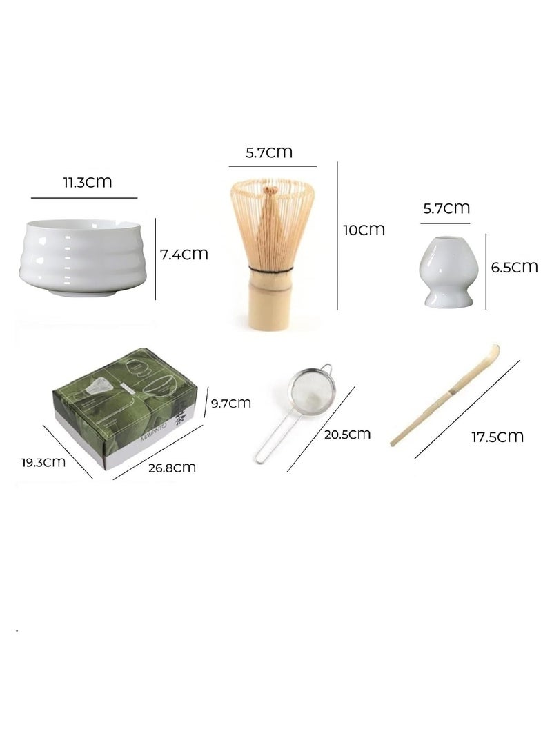 XSEVEN - Traditional Matcha XSEVEN Tea Ceremony Set, Bamboo Whisk, Ceramic Bowl, Strainer and Scoop, 5 Pieces (White) - Image 1