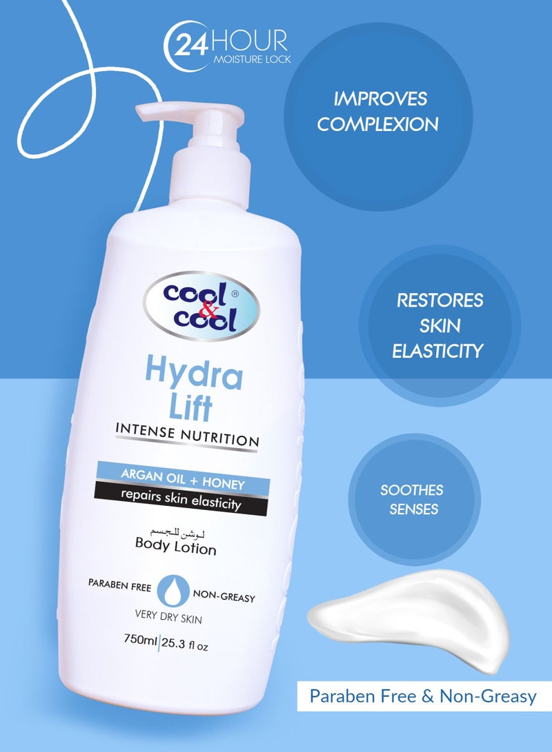 Cool & Cool Hydra Lift Body Lotion 750ML - Moisturizing Formula with Argan Oil & Honey, Non-Greasy & Paraben-Free, Restores Skin Elasticity - Image 2