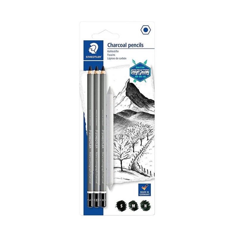 Staedtler Charcoal Pencil Set With 3 charcoal pencils in assorted degrees and 1 paper stump- 3pcs