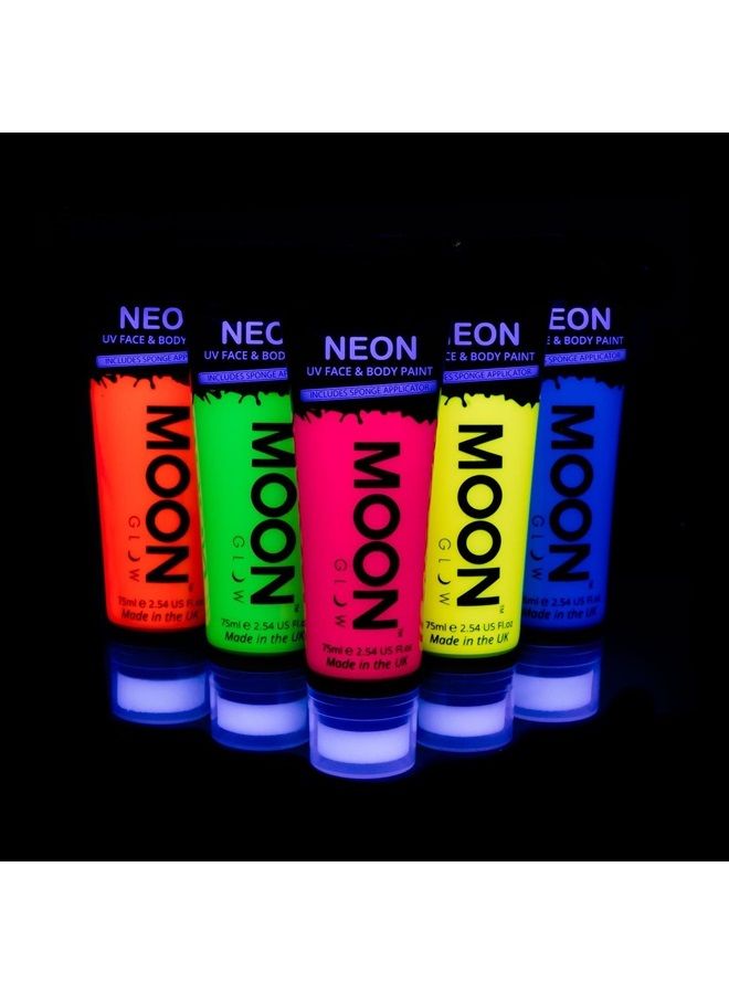 Moon Glow Supersize 2.54oz Blacklight Neon UV Face & Body Paint - Set of 5 tubes - with sponge applicator - Image 2