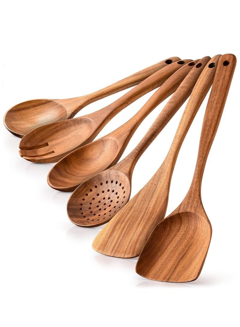 Arabest 6-Piece Wooden Cooking Spoons Set – Heat-Resistant, Smooth Teak Utensils with Comfort Grip – Lightweight & Durable – Easy to Clean, Perfect for Non-Stick Cookware - Image 1