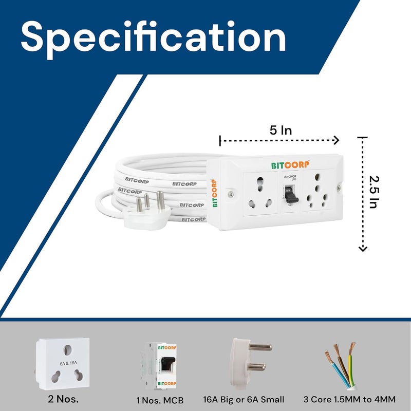 BITCORP Bitcorp Extension Board Heavy Duty Box 6A 16A 20A with Thermal Protection 2 Way Socket 1 Switch 2500W Surge Protection 3 Meter Long Cable Cord Wall Mount White  - Image 3