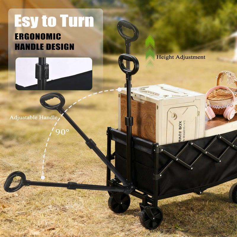 XMT 100L Folding Wagon Cart Push & Pull Beach, 350 lbs Weight Capacity Heavy Duty Folding Beach Wagons with Big All-Terrain Wheels & Drink Holders for Groceries, Shopping, Camping, Sports - Black - Image 4