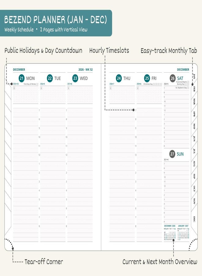 BEZEND Planner 2026 Weekly and Monthly, 8.5" x 11" Calendar with Notes (Jan-Dec 26) Vertical Daily Appointment with Hourly Timeslot & Monthly Tab, PU Leather Hardcover - Dark Green - Image 3