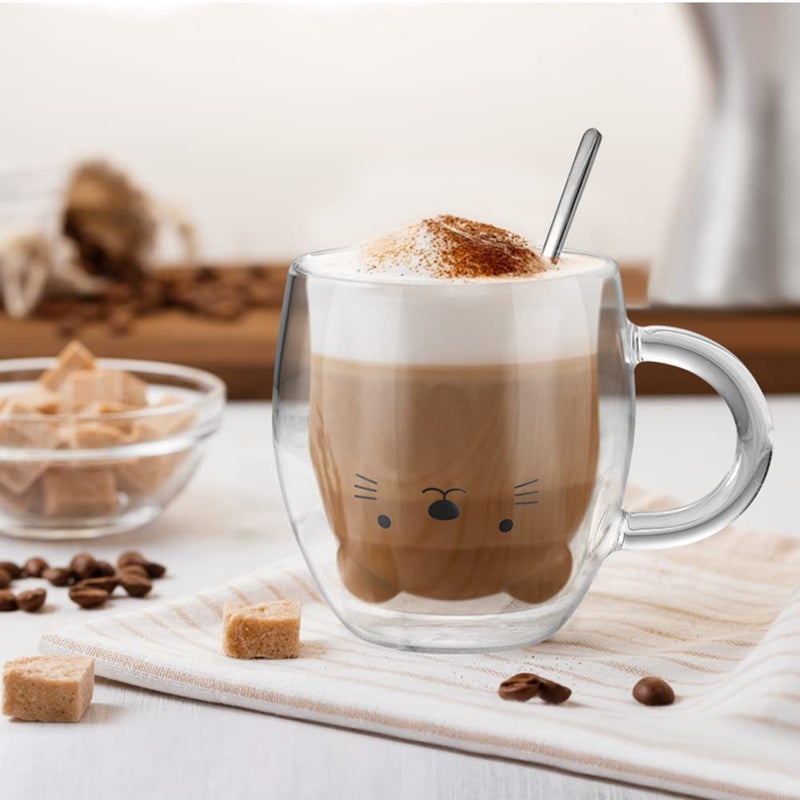 ecooe Cute Bear Mug Glass Coffee Cup 9.8oz Double Walled Glass Mug Cappuccino Latte Glass Cup with Handle Spoon, Milk Tea Bear Cup Birthday Christmas Valentine's Day Gifts for Women Kids Girls Friends - Image 5