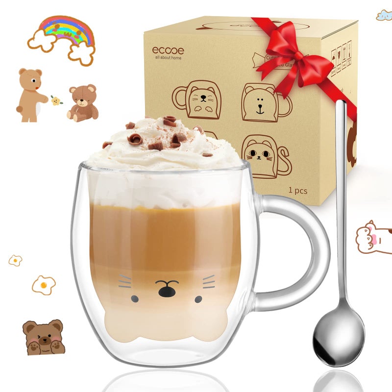 ecooe Cute Bear Mug Glass Coffee Cup 9.8oz Double Walled Glass Mug Cappuccino Latte Glass Cup with Handle Spoon, Milk Tea Bear Cup Birthday Christmas Valentine's Day Gifts for Women Kids Girls Friends - Image 1
