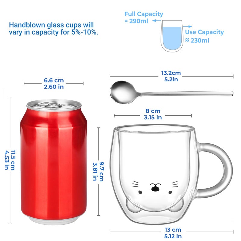 ecooe Cute Bear Mug Glass Coffee Cup 9.8oz Double Walled Glass Mug Cappuccino Latte Glass Cup with Handle Spoon, Milk Tea Bear Cup Birthday Christmas Valentine's Day Gifts for Women Kids Girls Friends - Image 2