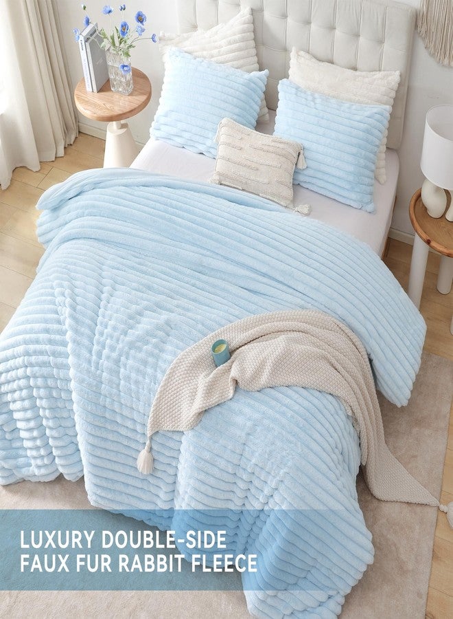 Smoofy Fluffy Full Size Comforter Sets 3 Pieces - Light Blue Fleece Fluffy Comforter Set, Luxury Fuzzy Full Bed Set, Soft Comforter Full Size All Season, Heavy Faux Fur Comforter with 2 Pillow Cases - Image 4