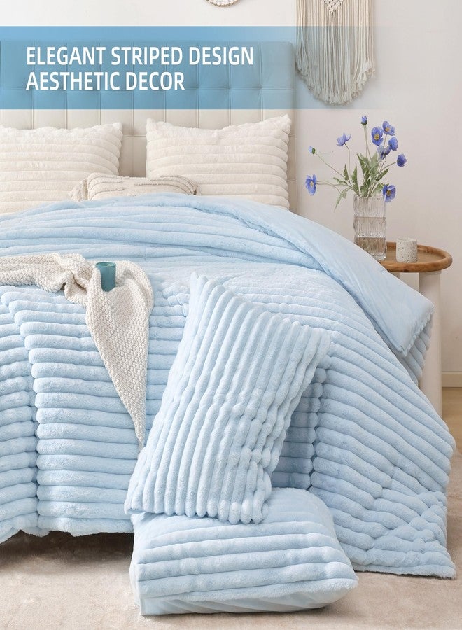 Smoofy Fluffy Full Size Comforter Sets 3 Pieces - Light Blue Fleece Fluffy Comforter Set, Luxury Fuzzy Full Bed Set, Soft Comforter Full Size All Season, Heavy Faux Fur Comforter with 2 Pillow Cases - Image 3