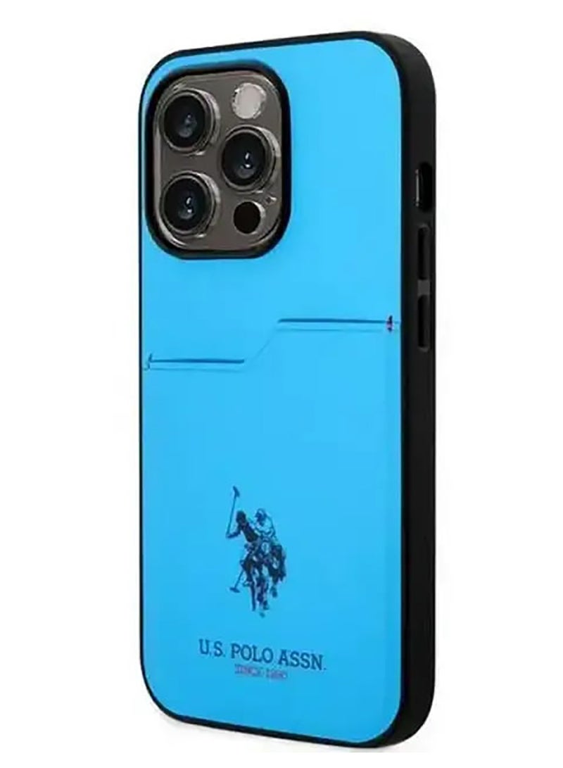 يو اس بولو حافظة صلبة بفتحة بطاقة PU لهاتف آيفون 15 برو ماكس - أزرق - Image 1