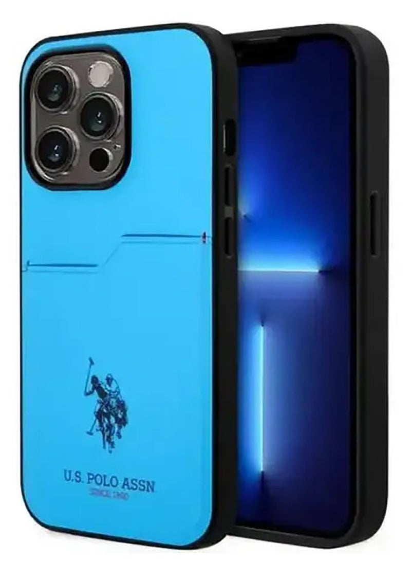 يو اس بولو حافظة صلبة بفتحة بطاقة PU لهاتف آيفون 15 برو ماكس - أزرق - Image 5