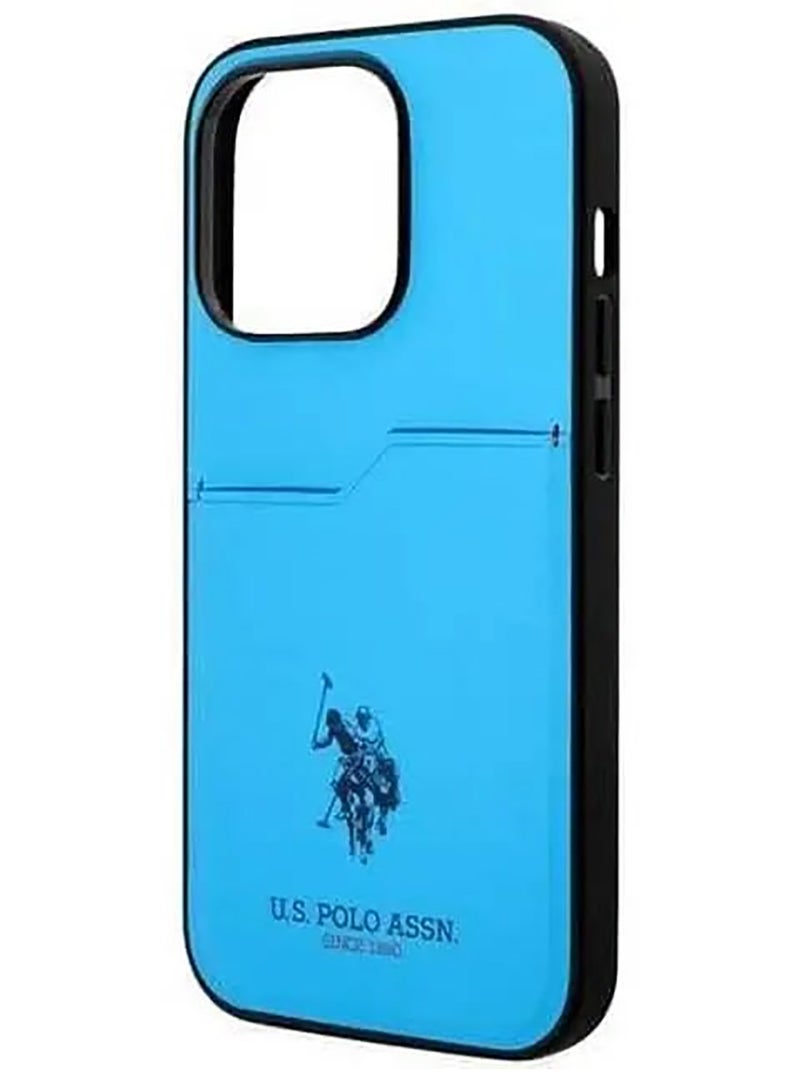 يو اس بولو حافظة صلبة بفتحة بطاقة PU لهاتف آيفون 15 برو ماكس - أزرق - Image 4