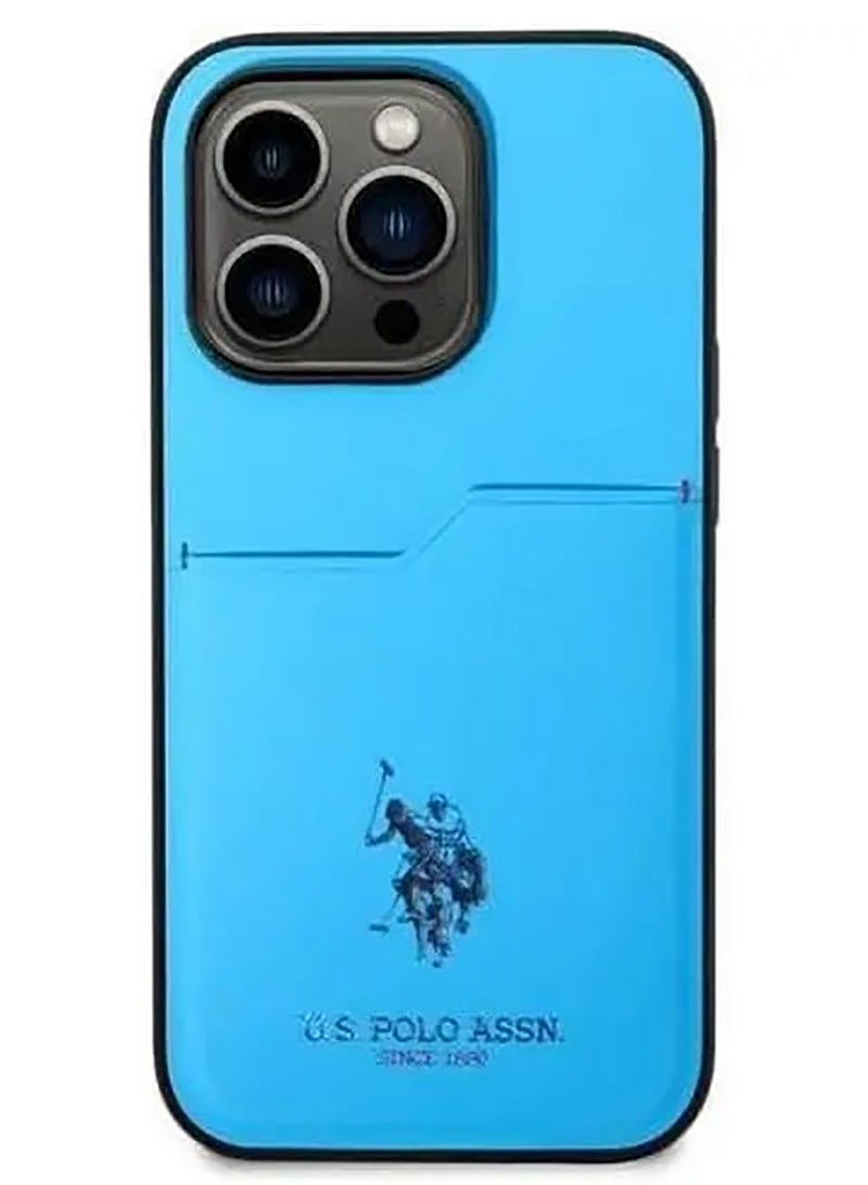 يو اس بولو حافظة صلبة بفتحة بطاقة PU لهاتف آيفون 15 برو ماكس - أزرق - Image 3