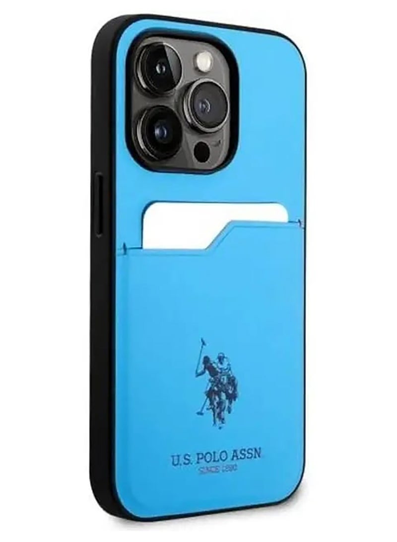 يو اس بولو حافظة صلبة بفتحة بطاقة PU لهاتف آيفون 15 برو ماكس - أزرق - Image 2