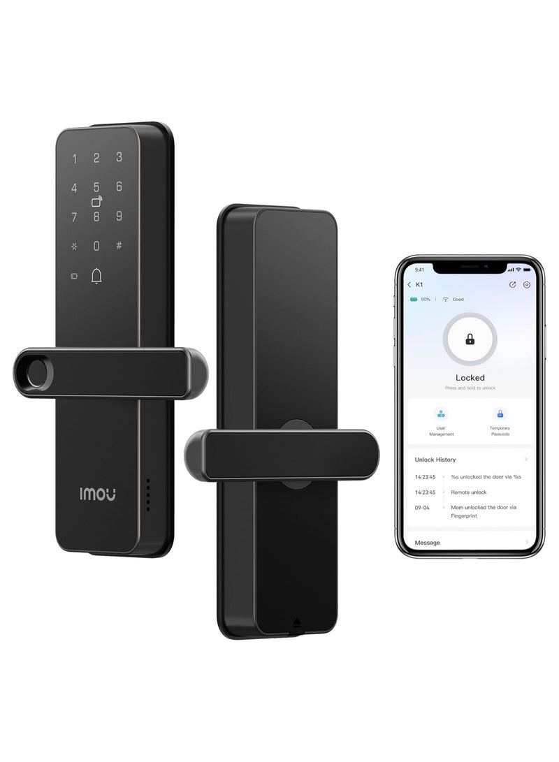IMOU K1S Smart Door Lock – Keyless Digital Lock with Handle | Fingerprint, App & Card Access | Child Safety & Remote Control | Weather-Resistant – Black - Image 1