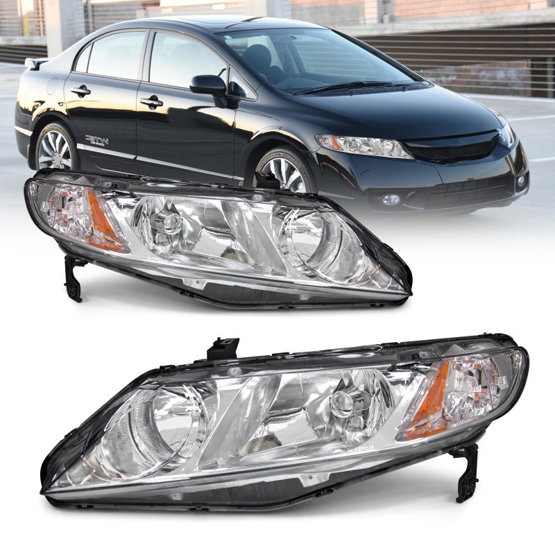 AS Headlight Assembly Compatible with 20062011 Honda Civic 4Door Sedan fit for 2006 2007 2008 2009 2010 2011 Civic 4DR Headlamps Replacement Chrome Housing Amber Reflector