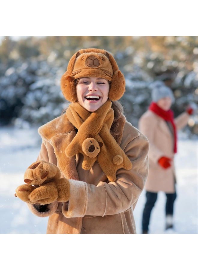 Newcotte 4 Pcs Winter Capybara Hat Earmuffs Scarf and Gloves Set Plush Capybara Winter Warm Set Comfort Cartoon Animal Costume for Women Girls Teens Gift Christmas - Image 2