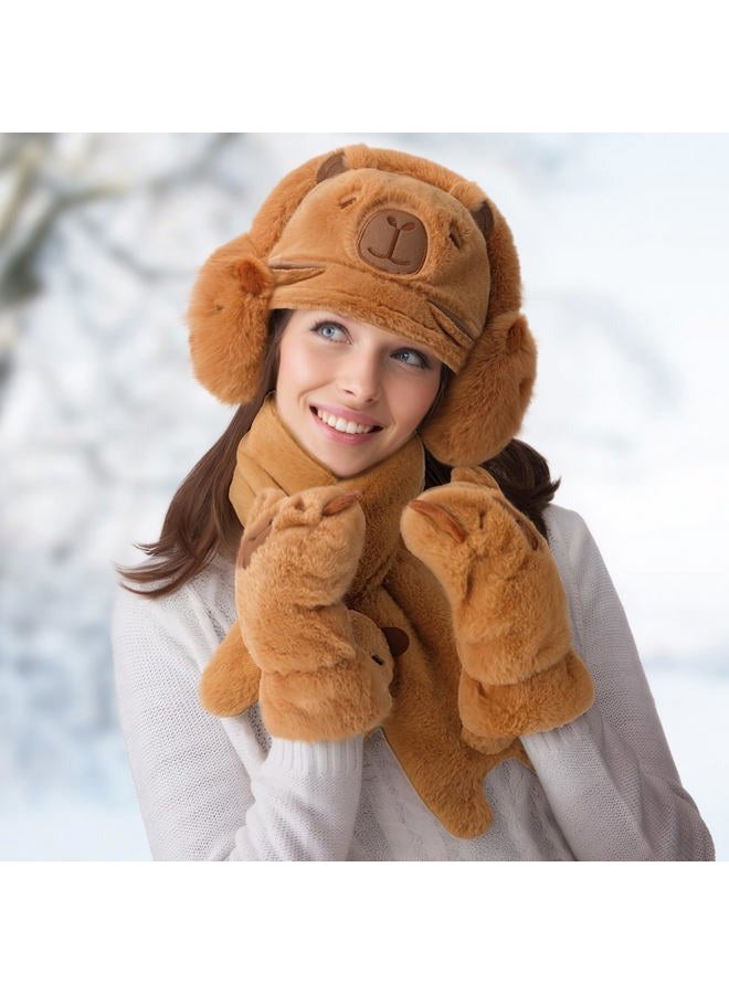 Newcotte 4 Pcs Winter Capybara Hat Earmuffs Scarf and Gloves Set Plush Capybara Winter Warm Set Comfort Cartoon Animal Costume for Women Girls Teens Gift Christmas - Image 4