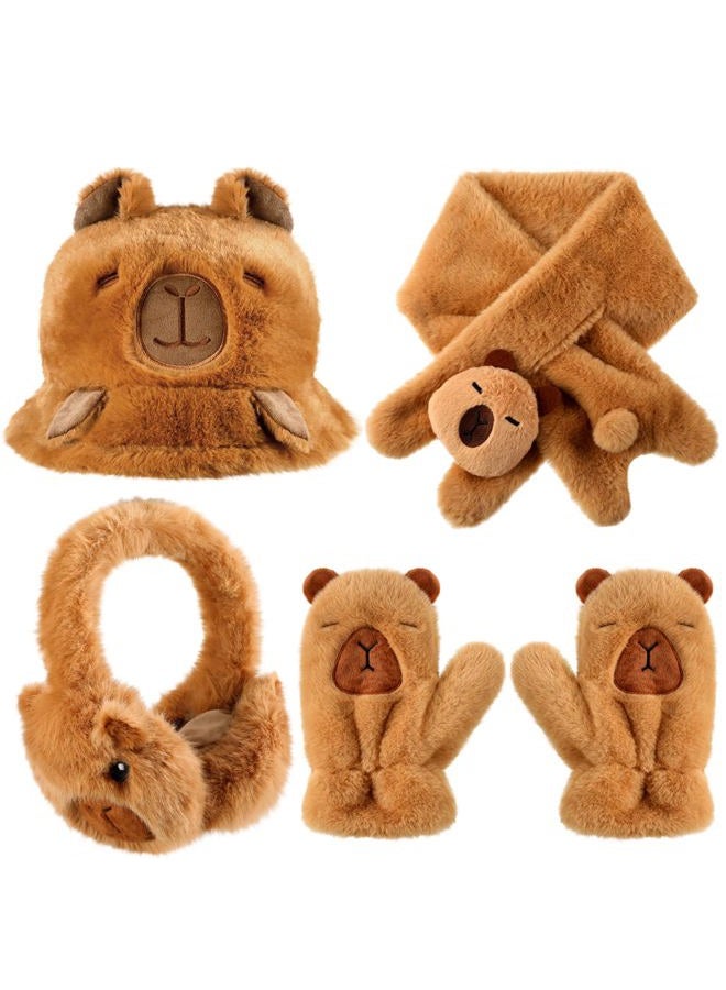 Newcotte 4 Pcs Winter Capybara Hat Earmuffs Scarf and Gloves Set Plush Capybara Winter Warm Set Comfort Cartoon Animal Costume for Women Girls Teens Gift Christmas - Image 1