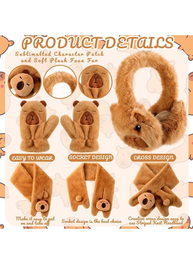 Newcotte 4 Pcs Winter Capybara Hat Earmuffs Scarf and Gloves Set Plush Capybara Winter Warm Set Comfort Cartoon Animal Costume for Women Girls Teens Gift Christmas - Image 3