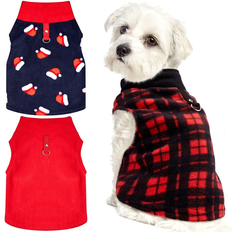 Frienda 3 Pieces Christmas Small Dog Sweater Pet Clothes with Leash Ring Soft Fleece Pullover Puppy Warm Sweaters Santa Hat Pattern Vest Xmas Red Plaid Winter Clothes for Cats XSmall - Image 2